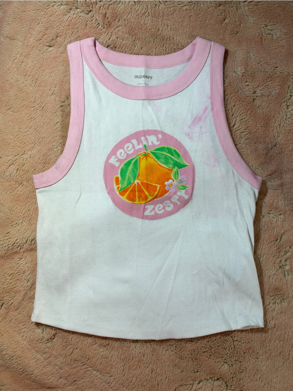 Old Navy White Tank Top with Pink Trim and Orange Graphic